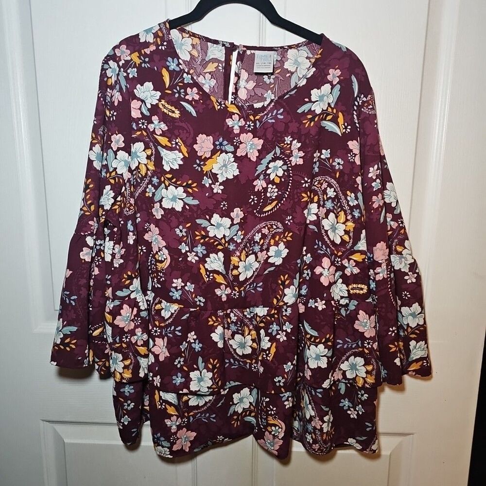 Time And Tru Burgundy Floral Boho Ruffle Blouse XL 16-18 Cottagecore, Peasant